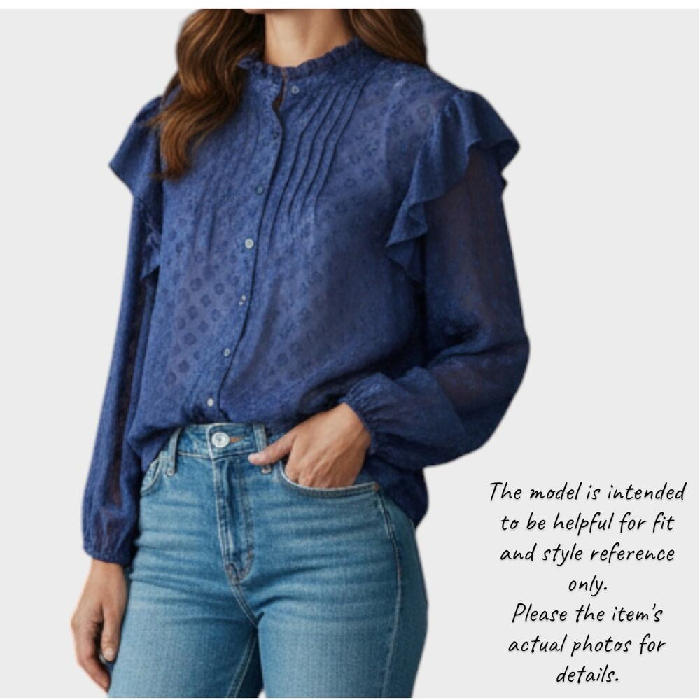 Ophelia Roe Womens Large Blue Button Front High Neck Blouse Polyester